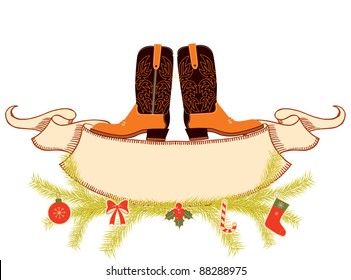 Cowboy boots and scroll for text on white.Christmas elements