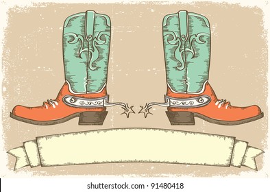 Cowboy boots and scroll for text on old paper .Vintage style