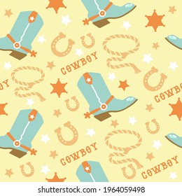 Cowboy boots seamless pattern with rodeo elements. Wild West cowboy boots and horseshoe and cowboy lasso. Vector baby style tender color background