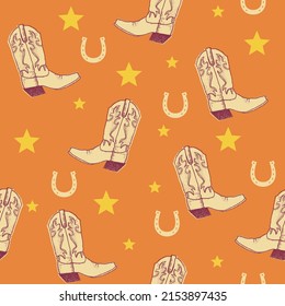 Cowboy boots seamless pattern with rodeo elements. Wild West cowboy boots and horseshoe. Vector cowboy rodeo background