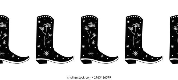 Cowboy boots seamless vector border. Repeating horizontal pattern cowgirl shoes. Use for fabric trim, footer, header, banner, divider