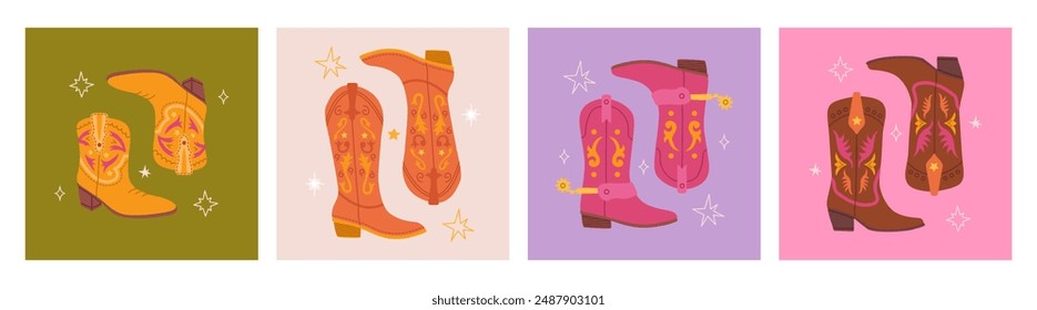 Cowboy boots set. Cowgirl fashion shoes with decorative pattern. Wild west elements design, vector hand drawn illustration