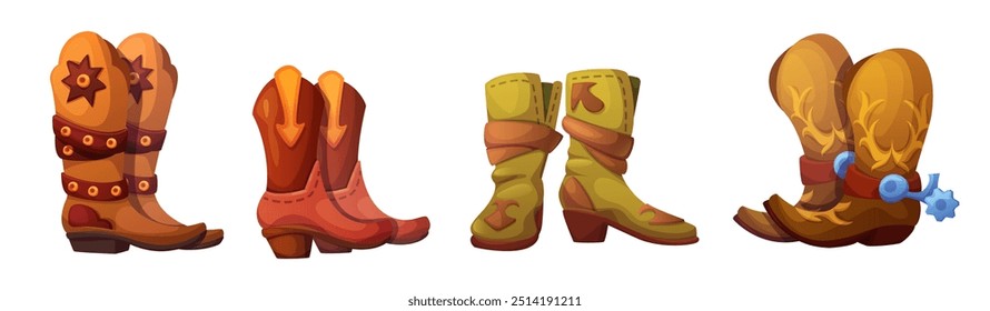 Cowboy boots set isolated on white background. Vector cartoon illustration of vintage retro shoes with heels and metal spurs, traditional western ranch footwear, Texas rodeo style costume element