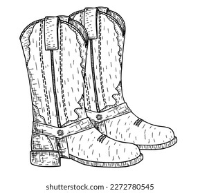 Cowboy boots sketch. American traditional leather boots. Graphic hand drawn illustration isolated on white for print or design. Design element for poster, flyer. Vector illustration