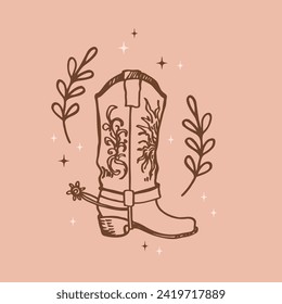 Cowboy boots sketch boho background hand drawn vector illustration Wild West shoes and stars design retro element for poster, print, card, icon, flyer, paper, wrapping. Lifestyle, fashion, art svg