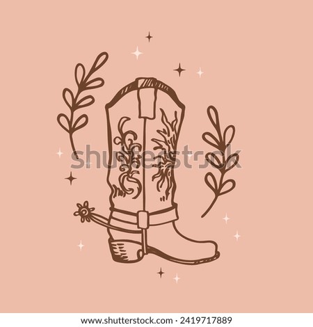 Cowboy boots sketch boho background hand drawn vector illustration Wild West shoes and stars design retro element for poster, print, card, icon, flyer, paper, wrapping. Lifestyle, fashion, art