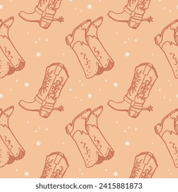 Cowboy boots sketch boho seamless pattern hand drawn vector illustration wild west concept repeating background design element for textile, print, card, web, flyer, paper, wrapping. Lifestyle, fashion