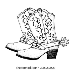 Cowboy Boots Sketch. Hand Drawn Vector Illustration. Wild West Design Element.