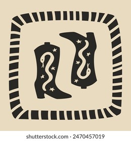 Cowboy boots with snakes and abstract frame. Bohemian mystical vector flat illustration. Western minimalist vintage art 