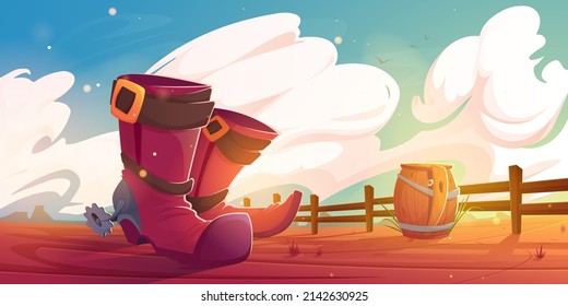 Cowboy boots with spur on american ranch. Vector cartoon illustration of wild west landscape, western desert with wooden fence and someone hiding in wood barrel
