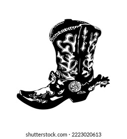 Cowboy boots with spurs black and white monochrome graphic. Cowboy boots stylized hand drawn vector illustration isolated on white background. Wild West concept.