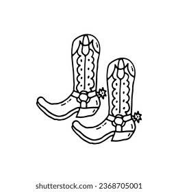 Cowboy boots with spurs, men's shoes for ranch work or riding. Doodle. Vector illustration. Hand drawn. Outline.
