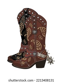 Botas de vaquero con espuelas. Tradicional botas de cuero marrón bordadas de estilo occidental. Concepto de la zona salvaje occidental. Ilustración vectorial realista aislada en fondo blanco.