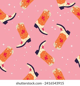 Cowboy boots with stars and hearts on pink background, seamless pattern. Cute festive repeat pattern. Bright colorful vector design.