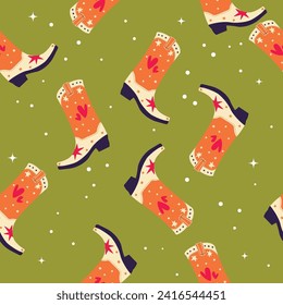 Cowboy boots with stars and hearts on green background, seamless pattern. Cute festive repeat pattern. Bright colorful vector design.