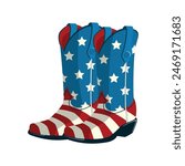 Cowboy boots in stars and stripes illustration for Independence Day. Isolated on white background. Patriotic accessory
