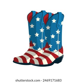 Cowboy boots in stars and stripes illustration for Independence Day. Isolated on white background. Patriotic accessory