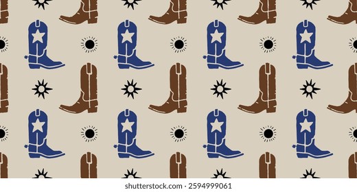 Cowboy Boots and Stars Western Boho Seamless Pattern Wild West Vector Illustration