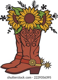 Cowboy Boots with Sunflowers and Plants. Floral Design. Vector Illustration.