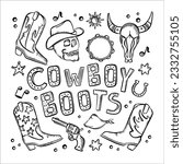 COWBOY BOOTS TEXT Monochrome Clip Art Attributes Of The Wild West A Set Of Vector Illustration Sketch Is Symbol Of American Movies Hand Drawn Picture