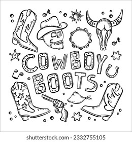 COWBOY BOOTS TEXTO Monocromo Clip Art Atributos Del Lejano Oeste Un Conjunto De Esbozo De Ilustración Vector Es Símbolo De Películas Estadounidenses Mano Dibujar Imagen