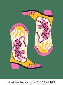 Cowboy boots with tiger, sun, stars. Cowgirl boots. Western and wild west theme. Cartoon vector illustration for poster, card, banner or invitation. 