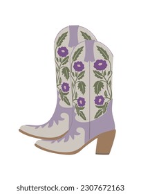 Cowboy boots. Traditional western lilac cowgirl boots decorated with embroidered blue flowers. Realistic vector art illustration isolated on white background