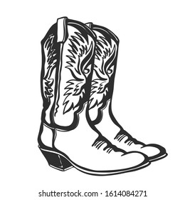 Cowboy boots. Vector graphic hand drawn illustration isolated on white for print or design