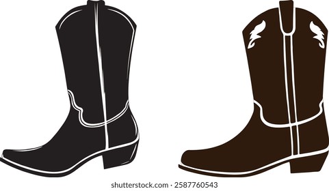 Cowboy Boots Vector Illustration, Black and Brown, Isolated on White Background