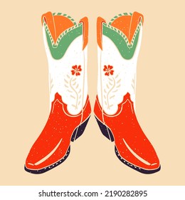 Botas de vaquero. Ilustración vectorial en un estilo plano. Elemento gráfico para tela, textil, ropa, papel de envoltura, papel pintado, afiche. 