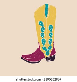 Cowboystiefel. Vektorgrafik im Flachstil. Grafisches Element für Gewebe, Textilien, Bekleidung, Wickelpapier, Tapete, Poster. 