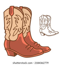 Cowboy boots vector illustration isolated on white. Western American shoes with decoration