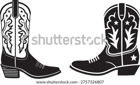 Cowboy Boots Vector Illustration - Western Style Footwear Set with Decorative Stitching