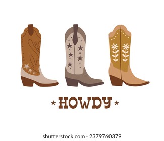 Cowboy boots vector isolated elements. Wild western poster. Text howdy. Retro western illustration. Hand drawn cowboy boots set, clip art. Rodeo decorative concept. Shoes in cartoon style.