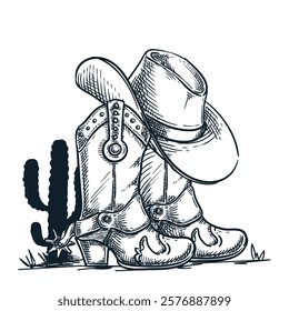 Cowboy boots, western hat, cactus. Wild West vintage print design element isolated on white background. Vector hand drawn sketch illustration