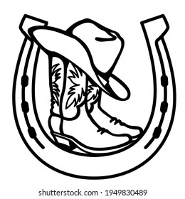 Cowboy boots and western hat in horseshoe sign. Vector graphic black symbol of cowboy illustration isolated on white for print or design