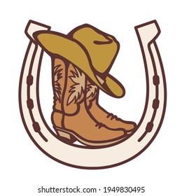 Des bottes de cow-boy et un chapeau occidental en fer à cheval. Image vectorielle illustration vectorielle graphique cowboy couleur printanier fer à cheval rodéo isolé sur blanc pour impression ou création