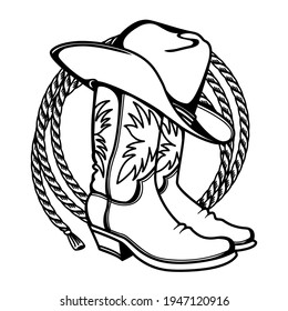 Cowboy boots and western hat and cowboy lasso. Vector graphic hand drawn illustration rodeo cowboy clothes isolated on white for print or design