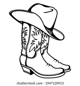Cowboy boots and western hat. Vector graphic hand drawn illustration rodeo cowboy clothes isolated on white for print or design
