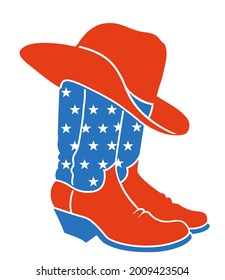 Cowboy boots and western hat. Vector red blue colors illustration of rodeo cowboy clothes with American flag decor isolated on white for design