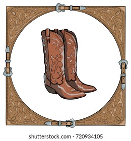 Cowboy Boots In The Western Leather Frame On White Background. Vector Cartoon Hand Drawn Illustration