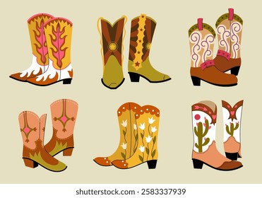 Cowboy boots. Western men and women footwear, traditional Texas leather shoes with decorative elements, country culture various boot concept. Vector wild west boots set.