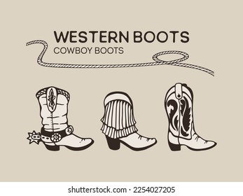 Cowboy boots, western boots vector illustration. Boots set american style hand drawing