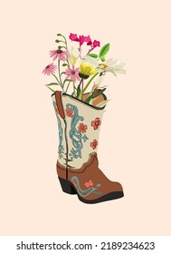 Cowboy boots with wild flowers. Shoe pairs. Vintage Cowgirl boots with traditional Wild West ornament. Fashion concept. Hand drawn colored trendy Vector illustration isolated