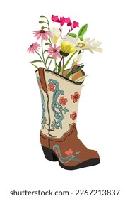 Cowboy boots with wild flowers vector isolated. 