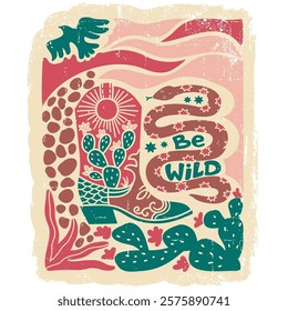 Cowboy boots Wild West vintage printable illustration with snake and cactuses decoration on old paper texture background. Vector Cowgirl text be wild print for t-shirts, mugs, cards, posters isolated