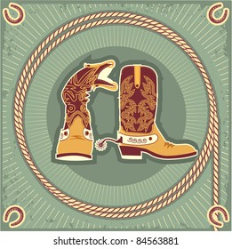 Cowboy Boots.Vintage Western Decor Background With Rope And Horseshoe