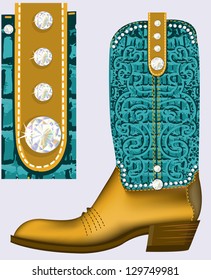 cowboy boot.Vector Luxury shoe with diamonds and decoration