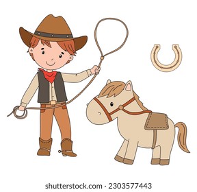 Vaquero con lazo y caballo. Dibujo de dibujos animados infantiles lindo aislado en el fondo blanco para los niños