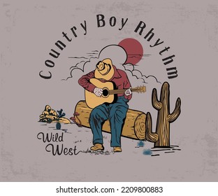 cowboy boy playing guitar illustration with western vintage typography